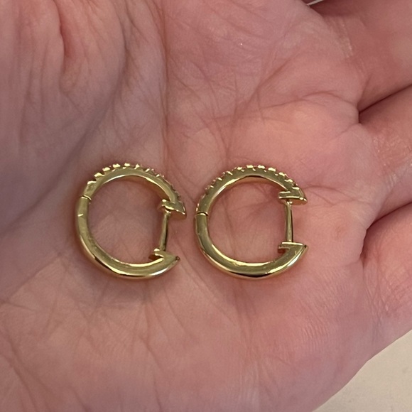 Gold Diamond Huggie Hoop Earrings - Picture 5 of 6